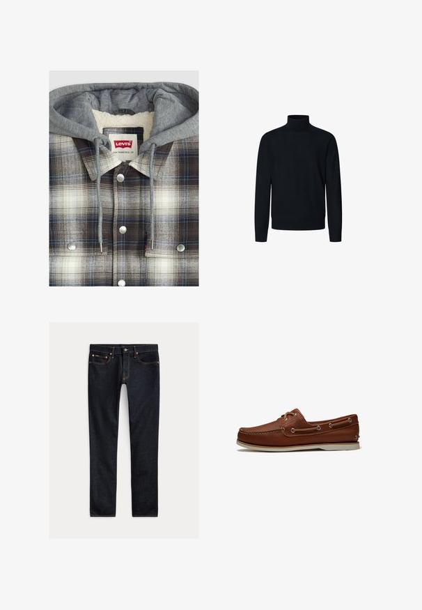 Ruudullinen takki, jossa on harmaa huppu; flanellikuvio ruskeassa, valkoisessa ja sinisessä tarkkuudessa; hopeiset yksityiskohdat; fleecevuorattu sisus.; Hackett London ROLL NECK - Neule - midnight blue; Tummansininen slim-fit-farkut, joissa on viisi taskua, nappisuljenta ja kontrastivärisiä saumoja, asetettuna tasaiselle vaalealle taustalle.; Ruskea nahkainen purjehduskengän tyyppinen kenkä, jossa valkoinen pohja, moc-toe-ompeleet, nauha-aukot ja sivun nauhoitusyksityiskohta, esitetty sivuprofiilissa valkoisella taustalla.