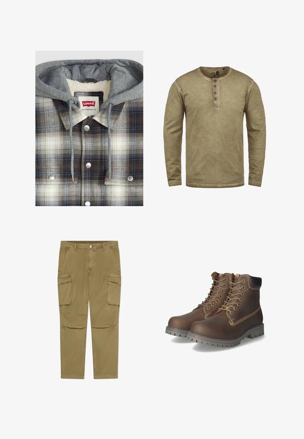 Chaqueta de camisa a cuadros con capucha gris; textura de franela en cuadros marrones, blancos y azules; herrajes plateados; interior forrado de forro polar.; Solid SDTIMUR - Camiseta de manga larga - dune; Pantalones cargo caqui con cierre de botón y cremallera, que cuentan con bolsillos con solapa lateral y bolsillos frontales angulados.; Botas de cuero marrón hasta el tobillo con cordones, cuello acolchado, costuras en contraste y suela de goma resistente con patrones de tracción.