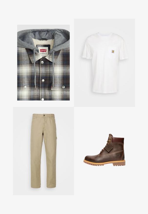 Chaqueta de camisa a cuadros con capucha gris; textura de franela en cuadros marrones, blancos y azules; herrajes plateados; interior forrado de forro polar.; Camiseta de algodón blanca con mangas cortas, un bolsillo en el pecho y un pequeño parche cuadrado de logo en naranja y blanco en el bolsillo.; Pantalones de algodón beige con un diseño de pierna recta, que cuentan con un cierre frontal de botón, cinco bolsillos y un bolsillo lateral tipo cargo.; Botín de cuero marrón hasta el tobillo con punta redonda, suela resistente, herrajes en tono dorado y parte superior texturizada. Incluye una etiqueta con el logo adjunta.
