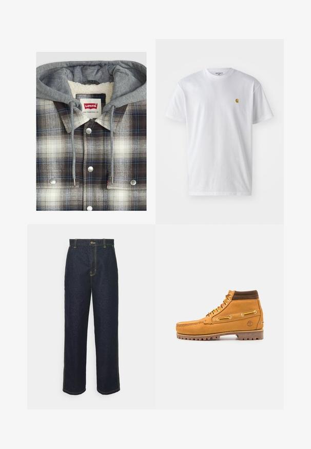 Chaqueta de camisa a cuadros con capucha gris; textura de franela en cuadros marrones, blancos y azules; herrajes plateados; interior forrado de forro polar.; Camiseta de algodón blanca con mangas cortas, cuello redondo, que presenta un pequeño logo dorado en la parte izquierda del pecho. Textura suave y corte regular.; Jeans de mezclilla oscuros de pierna ancha con costuras amarillas, que cuentan con un cierre frontal de botón y bolsillos laterales. Textura suave y diseño tradicional.; Timberland AUTHENTIC MID LACE BOOT - Botines con cordones - wheat