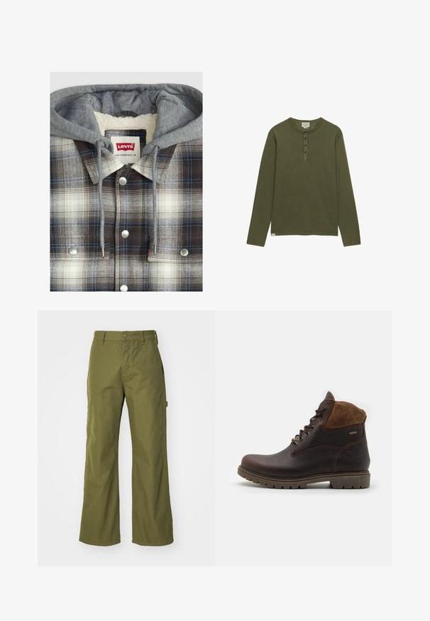 Chaqueta de camisa a cuadros con capucha gris; textura de franela en cuadros marrones, blancos y azules; herrajes plateados; interior forrado de forro polar.; Camisa henley de manga larga en verde oliva con cuatro botones negros y cuello redondo, mostrada sobre un fondo blanco.; Pantalones de pernera ancha en verde oliva, confeccionados con una tela resistente, que presentan un cierre de botón, bolsillos laterales y un diseño de dobladillo recto.; Botas de cuero marrón con acentos de ante, punta redonda, ocho ojales y suela de goma robusta. Detalle impermeable mencionado en el costado.