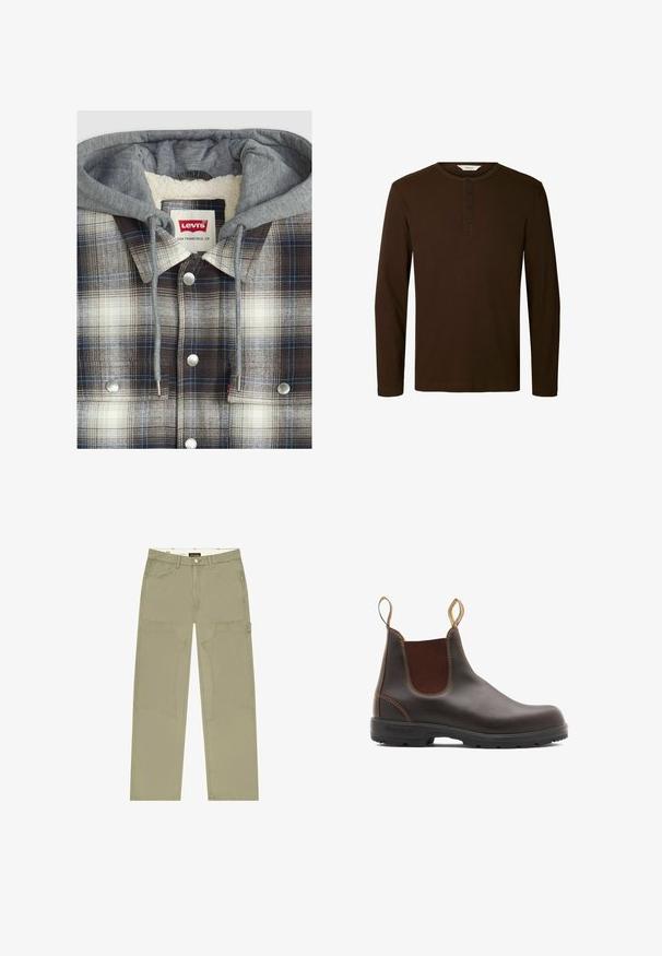 Chaqueta de camisa a cuadros con capucha gris; textura de franela en cuadros marrones, blancos y azules; herrajes plateados; interior forrado de forro polar.; Camiseta henley de manga larga de color marrón oscuro con cuello redondo y cuatro botones negros en el centro delantero.; Pantalones de pierna ancha color caqui confeccionados en tela resistente, con grandes bolsillos parche y detalle de costura en contraste. Cierre con botones en la cintura.; Botas Chelsea de cuero marrón con paneles laterales elásticos y tiradores. Parte superior texturizada, suela de goma duradera y detalle de costura en contraste.