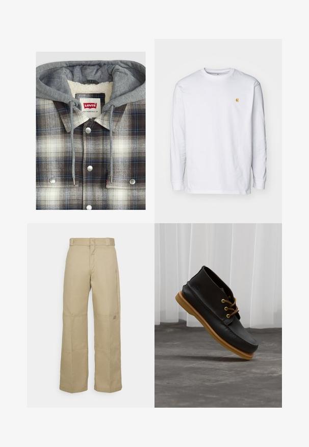 Chaqueta de camisa a cuadros con capucha gris; textura de franela en cuadros marrones, blancos y azules; herrajes plateados; interior forrado de forro polar.; Camiseta de manga larga blanca de algodón. Cuenta con un pequeño logo dorado en el pecho y un cuello redondo. Diseño simple y corte estándar.; Pantalones de pierna ancha color beige, confeccionados con una tela resistente, que presentan una cintura alta, costuras visibles y un pequeño parche con logo en el lateral.; Zapatos de cuero negro con un acabado suave, punta redonda, cordones marrones y suelas de goma marrón claro. Logo embossado en el costado.