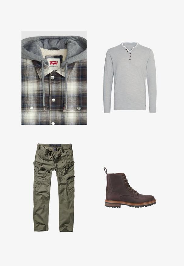 Karierte Shirtjacke mit grauem Hoodie; Flanellstruktur in braunen, weißen und blauen Karos; silberne Hardware; Innenfutter aus Fleece.; Solid SDBelagos - Langarmshirt - monument; Olivgrüne Cargo-Hosen aus Baumwolle, ausgestattet mit mehreren Utility-Taschen, Reißverschlussakzenten und einem Kordelzugbund für eine verstellbare Passform.; Braune Leder-Stiefeletten mit Schnürung, strukturierter Oberfläche, kontrastierenden beigen Sohlen und Metallösen. Verfügen über eine Lasche zum einfachen An- und Ausziehen.
