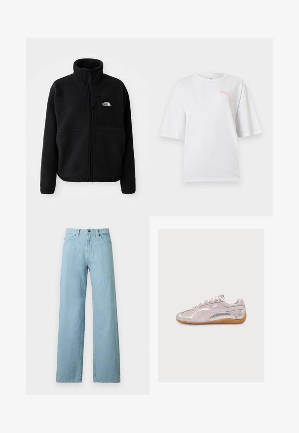 Sort fleecejakke med høj krave, fuld lynlås og en lomme på venstre bryst med et logo. Stofoverfladen er blød og struktureret.; Hvid T-shirt med korte ærmer og rund hals, med en lille pink Puma-logo på venstre bryst.; Lyseblå vidbenet denimjeans med frontknap, lynlås og design med fem lommer på hvid baggrund.; Lyserød Puma-sneaker med hvide snørebånd, metaliske sølv accenter og en brun gummisål, vist i profil på hvid baggrund.