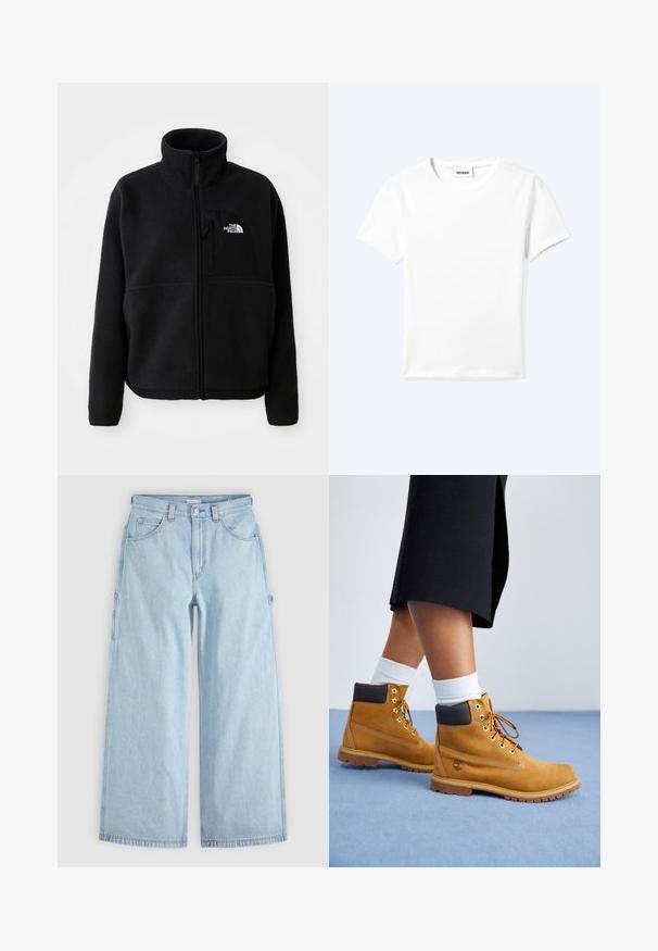 Zwarte fleece jas met een hoge kraag, volledige ritssluiting en een borstzak aan de linkerkant met een logo. De stof heeft een zachte, gestructureerde oppervlakte.; Effen wit T-shirt met korte mouwen en ronde hals met een klein "WEEKDAY" label aan de binnenkant van de hals, plat neergelegd op een lichte achtergrond.; Lichtblauwe denim jeans met wijde pijpen, voorzakken, riemlussen en zijlusjes voor gereedschap, plat gelegd op een grijze achtergrond.; Tan suède enkellaarsjes met bruine leren accenten, gouden oogjes en een getextureerde zool. Witte sokken zichtbaar boven de laarsjes.