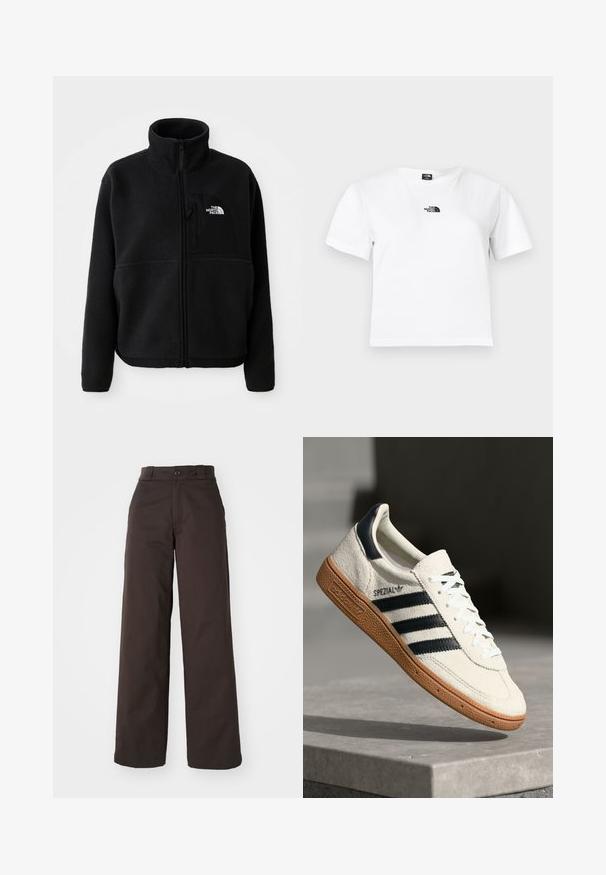 Sort fleecejakke med høj krave, fuld lynlås og en lomme på venstre bryst med et logo. Stofoverfladen er blød og struktureret.; Hvid bomulds t-shirt med korte ærmer, rund hals og et sort The North Face-logo på brystet. Enkel, udekoreret design.; Brune bredbenede bukser med knaplukning og bæltestropper, lavet af holdbart stof, som har en glat tekstur og rene linjer.; Hvide ruskinds sneakers med marineblå striber, gummisål, struktureret overdel, rund tå og snøring; har branding på siden og tungen.