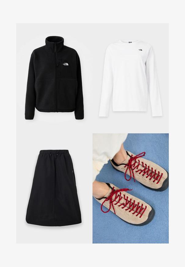 Sort fleecejakke med høj krave, fuld lynlås og en lomme på venstre bryst med et logo. Stofoverfladen er blød og struktureret.; Hvid langærmet T-shirt med rund hals og lille sort The North Face-logo på venstre bryst.; Sort A-formet nederdel med elastisk taljebånd og justerbar snøre, knælængde, ensfarvet design med sidelommer.; Beige sko med røde snørebånd, placeret på en blå tekstureret overflade, delvist synliggørende en persons ankel. Skoene har et sporty design.