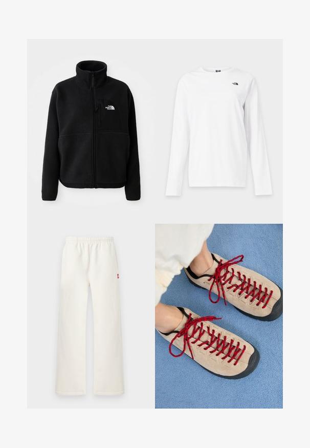 Sort fleecejakke med høj krave, fuld lynlås og en lomme på venstre bryst med et logo. Stofoverfladen er blød og struktureret.; Hvid langærmet T-shirt med rund hals og lille sort The North Face-logo på venstre bryst.; Cremefarvede bukser med lige ben, elastisk talje og lille rødt mærke på højre side, vist mod en ensartet lys baggrund.; Beige sko med røde snørebånd, placeret på en blå tekstureret overflade, delvist synliggørende en persons ankel. Skoene har et sporty design.