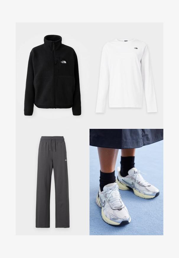 Schwarze Fleecejacke mit hohem Kragen, vollem Reißverschluss und einer linken Brusttasche mit einem Logo. Der Stoff hat eine weiche, strukturierte Oberfläche.; Weißes Langarmshirt mit Rundhalsausschnitt und kleinem schwarzem The North Face-Logo auf der linken Brust.; Dunkelgraue Sweatpants mit weitem Bein, geripptem elastischem Bund und Kordelzug, mit kleinem weißem Logo am rechten Oberschenkel.; Weiße und silberne Nike-Sneaker aus Mesh-Gewebe, mit reflektierenden Akzenten und einer beigen Sohle. Getragen mit schwarzen Socken und stehend auf einer blauen Fläche.