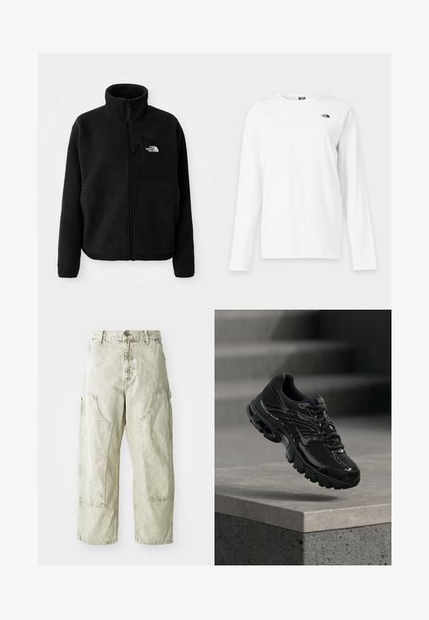 Schwarze Fleecejacke mit hohem Kragen, vollem Reißverschluss und einer linken Brusttasche mit einem Logo. Der Stoff hat eine weiche, strukturierte Oberfläche.; Weißes Langarmshirt mit Rundhalsausschnitt und kleinem schwarzem The North Face-Logo auf der linken Brust.; Helle grüne weite Cargo-Hosen aus Denim, ausgestattet mit großen Seitentaschen, einem Knopf- und Reißverschluss sowie sichtbaren Nähdetails.; Schwarzer Nike Laufschuh mit Mesh- und Synthetik-Obermaterial, der über einer Betonfläche und Treppen im Hintergrund schwebt.