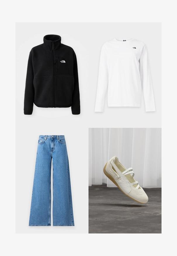 Sort fleecejakke med høj krave, fuld lynlås og en lomme på venstre bryst med et logo. Stofoverfladen er blød og struktureret.; Hvid langærmet T-shirt med rund hals og lille sort The North Face-logo på venstre bryst.; Vide ben blå denim jeans med høj talje, som har et klassisk fem-lomme design og syninger langs siderne for ekstra detalje.; Off-white Mary Jane-stil sko med tre remme, teksturerede sider og lys brun fleksibel sål, der svæver over grå gulv.