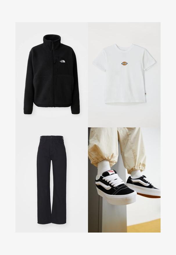 Chaqueta de forro polar negra con un alto cuello, cremallera completa y un bolsillo en el pecho izquierdo que presenta un logotipo. La tela tiene una superficie suave y texturizada.; Camiseta blanca de algodón con un logo redondo y acentos multicolores. Mangas cortas y un cuello redondo, con una pequeña etiqueta en el dobladillo.; Vaqueros amplios de talle alto en negro, con cierre frontal de botón y cremallera, trabillas para cinturón y dos bolsillos frontales, sobre un fondo blanco.; Persona que lleva zapatillas Vans negras y blancas con cordones blancos, calcetines blancos y pantalones beige con puños elásticos.