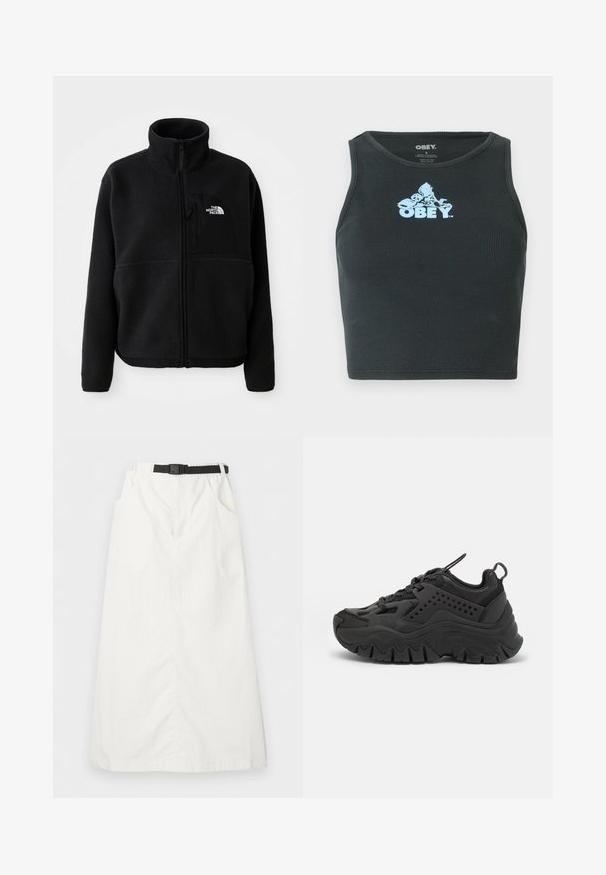 Sort fleecejakke med høj krave, fuld lynlås og en lomme på venstre bryst med et logo. Stofoverfladen er blød og struktureret.; Sort ribbet bomulds crop top med et lyseblåt grafisk logo centreret på brystet. Uden ærmer med rund halsudskæring.; Hvid lang nederdel med elastisk taljebånd og sort justerbart bælte, med sidelommer og lige snit.; Sorte atletiske sko med en kraftig sål, glat syntetisk overdel, perforerede detaljer og en rund tå. Har snørebåndslukning og en løkke.