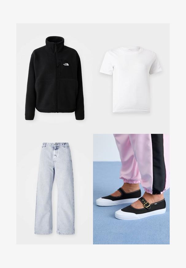 Sort fleecejakke med høj krave, fuld lynlås og en lomme på venstre bryst med et logo. Stofoverfladen er blød og struktureret.; Enkelt hvid T-shirt med korte ærmer og rund hals, vist mod en lys grå baggrund.; Lysblå denim brede bukser med høj talje, knaplukning og fem-lomme design. Blød tekstur og synlige sømdetaljer.; Sorte lærredssko med en hvid sål, der har et udskæringsdesign og et guldspænde. Bæret med lyserøde træningsbukser.