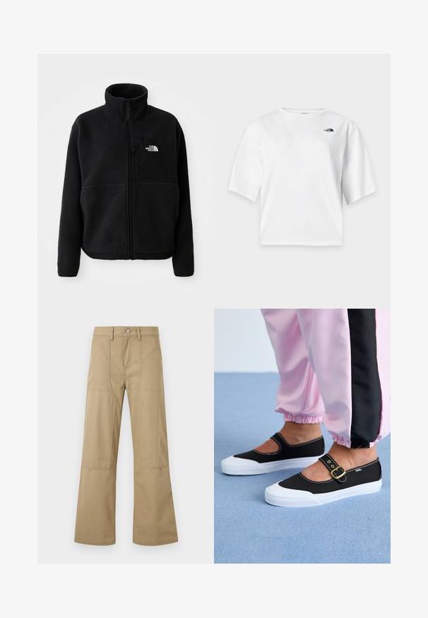Schwarze Fleecejacke mit hohem Kragen, vollem Reißverschluss und einer linken Brusttasche mit einem Logo. Der Stoff hat eine weiche, strukturierte Oberfläche.; Weißes Kurzarm-T-Shirt mit Rundhalsausschnitt und schwarzem The North Face-Logo auf der linken Brust.; Beige hoch taillierte Hosen mit weitem Bein, vorderen aufgesetzten Taschen, Gürtelschlaufen und Knopfverschluss. Einfacher, strapazierfähiger Stoff mit sichtbaren Nähten.; Schwarze Leinenschuhe mit einer weißen Sohle, die ein Ausschnittdesign und einen goldenen Schnallenriegel aufweisen. Getragen mit rosa Sporthosen.