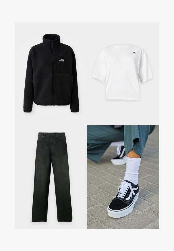 Schwarze Fleecejacke mit hohem Kragen, vollem Reißverschluss und einer linken Brusttasche mit einem Logo. Der Stoff hat eine weiche, strukturierte Oberfläche.; Weißes Kurzarm-T-Shirt mit Rundhalsausschnitt und schwarzem The North Face-Logo auf der linken Brust.; Schwarze, gerade geschnittene Jeans mit vorderen Taschen und Gürtelschlaufen, Knopf- und Reißverschluss, vor einem einfarbigen Hintergrund dargestellt.; Schwarze Wildledersneaker mit weißen Akzenten und Schnürsenkeln, ausgestattet mit einer dicken weißen Sohle und kontrastierenden Nähten, kombiniert mit einer weißen Socke.