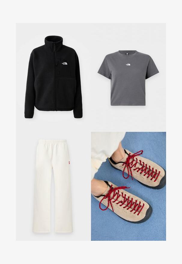 Zwarte fleece jas met een hoge kraag, volledige ritssluiting en een borstzak aan de linkerkant met een logo. De stof heeft een zachte, gestructureerde oppervlakte.; Korte mouwen, grijs cropped t-shirt met ronde hals en een klein wit The North Face-logo gecentreerd op de borst.; Off-white broek met rechte pijpen en een elastische tailleband, met een klein rood stukje stof aan de rechterkant, weergegeven tegen een effen lichte achtergrond.; Beige schoenen met rode veters, geplaatst op een blauwe, gestructureerde ondergrond, onthullen gedeeltelijk de enkel van een persoon. De schoenen hebben een sportief ontwerp.