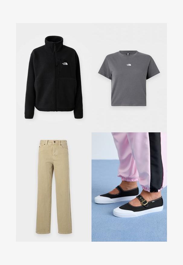 Sort fleecejakke med høj krave, fuld lynlås og en lomme på venstre bryst med et logo. Stofoverfladen er blød og struktureret.; Kortærmet cropped grå t-shirt med rund hals og lille hvid The North Face-logo centreret på brystet.; Beige vidbenede jeans lavet af blød bomuld med et klassisk design med fem lommer, knaplukning og synlige syninger langs sømme og kanter.; Sorte lærredssko med en hvid sål, der har et udskæringsdesign og et guldspænde. Bæret med lyserøde træningsbukser.