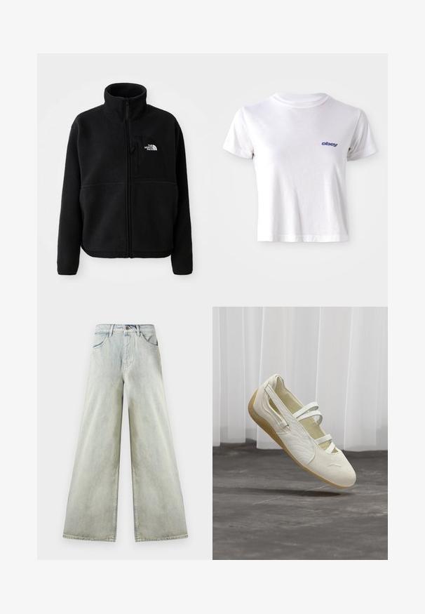 Schwarze Fleecejacke mit hohem Kragen, vollem Reißverschluss und einer linken Brusttasche mit einem Logo. Der Stoff hat eine weiche, strukturierte Oberfläche.; Weißes Baumwoll-T-Shirt mit rundem Halsausschnitt und kurzen Ärmeln, mit einem kleinen blauen "obey"-Logo auf der linken Brustseite.; Hoch taillierte, weit geschnittene Jeans aus hellblauem Denim mit Vordertaschen, Gürtelschlaufen und einem braunen Knopfverschluss am Bund.; Elfenbeinfarbener Mary-Jane-Schuh mit drei Riemen, strukturierten Seiten und hellbrauter flexibler Sohle, schwebend über grauem Boden.