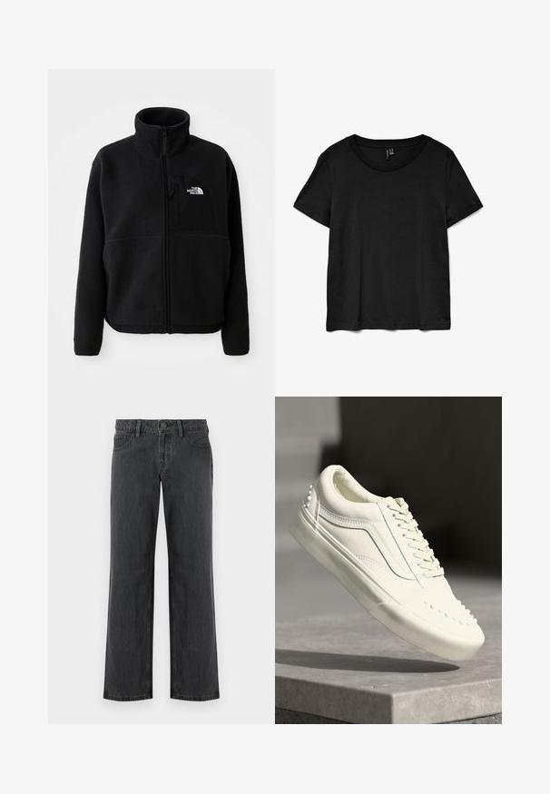 Chaqueta de forro polar negra con un alto cuello, cremallera completa y un bolsillo en el pecho izquierdo que presenta un logotipo. La tela tiene una superficie suave y texturizada.; Camiseta de manga corta negra fabricada en una tela suave. Presenta un cuello redondo clásico y un corte relajado con un dobladillo recto.; Jeans de pierna ancha de color gris oscuro hechos de mezclilla, con una cinturilla estándar, cinco bolsillos y cierre de botón. Textura lisa y costuras uniformes.; Zapatilla blanca con un acabado texturizado, que presenta un cuello acolchado, diseño de cordones y pequeños remaches decorativos a lo largo del lateral cerca de la suela.