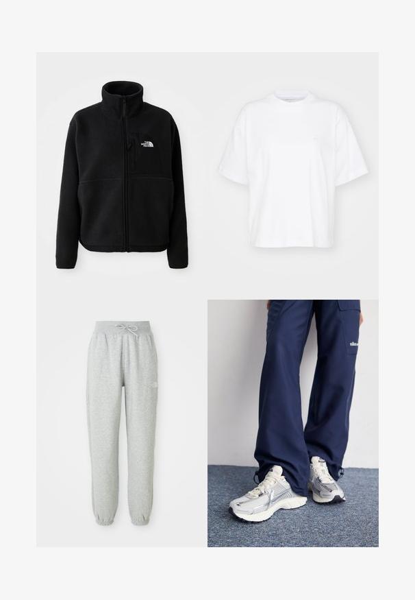 Μαύρο fleece μπουφάν με ψηλό γιακά, πλήρη φερμουάρ και τσέπη στο αριστερό στήθος με λογότυπο. Το ύφασμα έχει μια απαλή, υφασμένη επιφάνεια.; Λευκή βαμβακερή μπλούζα με στρογγυλή λαιμόκοψη, κοντά μανίκια και άνετη εφαρμογή. Διαθέτει μια διακριτική λογότυπο στην αριστερή περιοχή του στήθους. Λείος υφή.; Γκρίζες φόρμες με ελαστική μέση και κορδόνι. Το ύφασμα είναι μαλακό και διαθέτει ελαστικά μανίκια στους αστραγάλους καθώς και λογότυπο.; Αθλητικά παπούτσια Nike με ασημένιο δίχτυ επάνω, λευκές λεπτομέρειες και υφασμάτινες σόλες, σε συνδυασμό με χαλαρούς ναυτικούς παντελονιού.