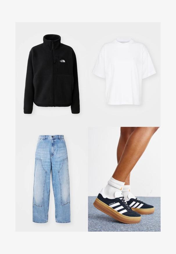Zwarte fleece jas met een hoge kraag, volledige ritssluiting en een borstzak aan de linkerkant met een logo. De stof heeft een zachte, gestructureerde oppervlakte.; Witte katoenen t-shirt met een ronde hals, korte mouwen en een ontspannen pasvorm. Heeft een subtiel logo op het linkerborstgedeelte. Zachte textuur.; Lichtblauwe denim wijde broek met twee grote voorzakken, een knoopsluiting en subtiele vervaging. Gestikte accenten op de zakken voor details.; Ben met witte sokken en zwarte Adidas Gazelle sneakers met witte strepen en dikke bruine zolen op een grijs tapijt.