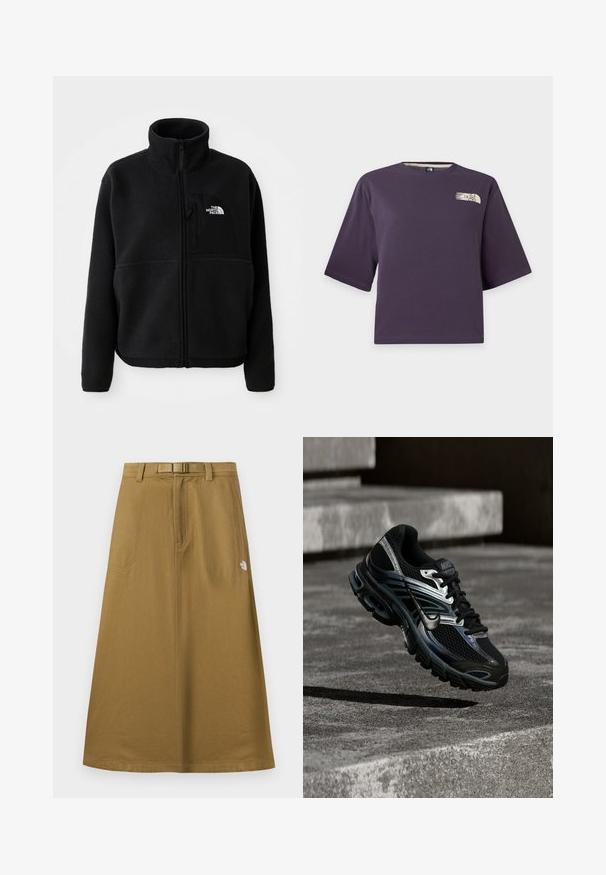 Sort fleecejakke med høj krave, fuld lynlås og en lomme på venstre bryst med et logo. Stofoverfladen er blød og struktureret.; Lilla kortærmet croppet t-shirt med en lille beige The North Face-logo på øverste venstre bryst.; Lang, lysebrun udendørsskjørt med forlommer, integreret bælte og The North Face-logo på højre side.; Sort og sølv Nike løbesko svævende over betontrappe, viser detaljeret design og tekstureret sål i udendørs omgivelser.