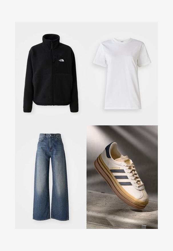 Sort fleecejakke med høj krave, fuld lynlås og en lomme på venstre bryst med et logo. Stofoverfladen er blød og struktureret.; Hvid bomulds t-shirt med rund hals og korte ærmer. Stoffet er glat med en blød tekstur og uden synlige mønstre eller detaljer.; Blå højtaljede vide bukser med frontknap og lommer, falmet tekstur på lårerne og lige kant.; Adidas Gazelle sneaker med en creme farvet ruskindsoverdel, blå læderdetaljer, tre blå striber, beige mellemsål og brune gummisål.