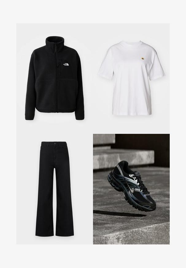 Schwarze Fleecejacke mit hohem Kragen, vollem Reißverschluss und einer linken Brusttasche mit einem Logo. Der Stoff hat eine weiche, strukturierte Oberfläche.; Weißes Baumwoll-T-Shirt mit lockerem Schnitt, kurzen Ärmeln und einem kleinen gestickten Logo auf der linken Brustseite.; Schwarze High-Waist-Jeans mit weitem Bein, vorderen und hinteren Taschen, Knopf- und Reißverschluss, vor weißem Hintergrund präsentiert.; Schwarzer und silberner Nike Laufschuh, der über Betontreppen schwebt und im Außenbereich detailliertes Design und strukturierte Sohle zeigt.