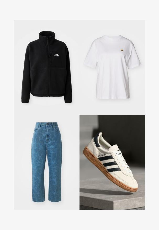 Schwarze Fleecejacke mit hohem Kragen, vollem Reißverschluss und einer linken Brusttasche mit einem Logo. Der Stoff hat eine weiche, strukturierte Oberfläche.; Weißes Baumwoll-T-Shirt mit lockerem Schnitt, kurzen Ärmeln und einem kleinen gestickten Logo auf der linken Brustseite.; Hellblaue Jeans aus Denim mit subtiler gemusterter Textur, hoher Taille und geradem Bein. Mit einem vorderen Knopf- und Reißverschluss.; Weiße Wildleder-Sneaker mit marineblauen Streifen, Gummisohle, strukturiertem Obermaterial, runder Zehenform und Schnürung; mit Branding an der Seite und auf der Zunge.