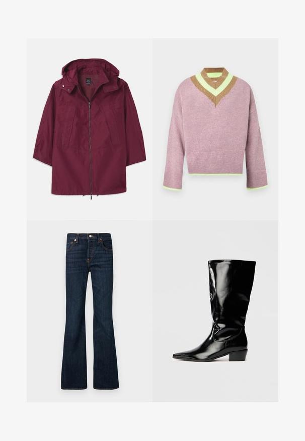 Mørkerød letvægtsjakke med lynlås, hætte og 3/4 ærmer. Har to forlommer og en glat, mat tekstur.; V-hals cropped sweater i blød pink med brune og grønne striber ved halsudskæringen og kanterne. Tekstureret stof med løstsiddende ærmer.; Mørkeblå denimjeans med en let udvidet ben, lukning med forreste knap og lynlås, fem lommer og synlig orange syning.; Sort patenteret læderknæhøj støvle med spids tå, en let tilspidset hæl og en glat, skinnende finish.