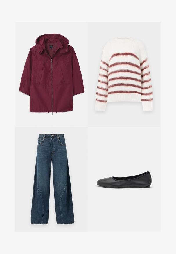 Chaqueta ligera de color marrón con cremallera, capucha y mangas 3/4. Presenta dos bolsillos frontales y una textura suave y mate.; Suéter blanco con rayas horizontales rojas y rosas, hecho de un material suave y texturizado. Presenta un escote redondo y puños acanalados.; Vaqueros de mezclilla azul oscuro de pierna ancha con bolsillos delanteros, trabillas para cinturón y cierre de botón en la cintura, exhibidos sobre un fondo liso.; Bailarina de piel negra con punta redondeada, textura suave, detalle de costura minimalista y diseño de suela flexible.