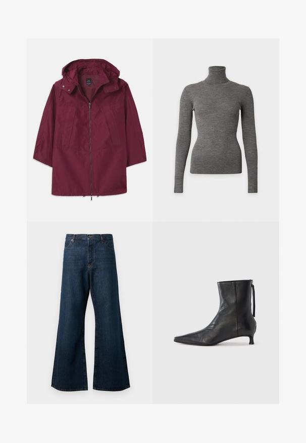 Weinrote, leichte Jacke mit Reißverschluss, Kapuze und 3/4-Ärmeln. Verfügt über zwei Fronttaschen und eine glatte, matte Oberfläche.; Eng anliegender grauer, gerippter Strickrollkragenpullover mit hohem Kragen und schlanker Silhouette vor schlichtem Hintergrund.; Dunkelblaue weit geschnittene Jeans aus Denim, mit hoher Taille, Fünf-Taschen-Design und kontrastierenden orangefarbigen Nähten entlang der Nähte.; Schwarzer Leder-Stiefelette mit spitz zulaufender Spitze, strukturierter Form und niedrigem Absatz. Verfügt über einen Seitenreißverschluss und ein minimalistisches Design.