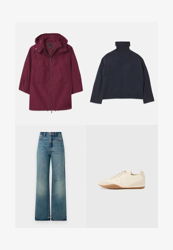 Mørkerød letvægtsjakke med lynlås, hætte og 3/4 ærmer. Har to forlommer og en glat, mat tekstur.; Mørkeblå turtleneck sweater med ribbet halsudskæring og detaljeret tekstur. Løs pasform, lange ærmer og subtile vertikale mønstre.; Lysblå denim vidbenede jeans har en høj talje, fem lommer og let rippede kanter, der viser en tekstureret, falmet finish.; Lyse beige sneakers med en tekstureret læderoverdel, teksturerede sider og en gummisål. Har et slankt, strømlinet design og flade snørebånd.