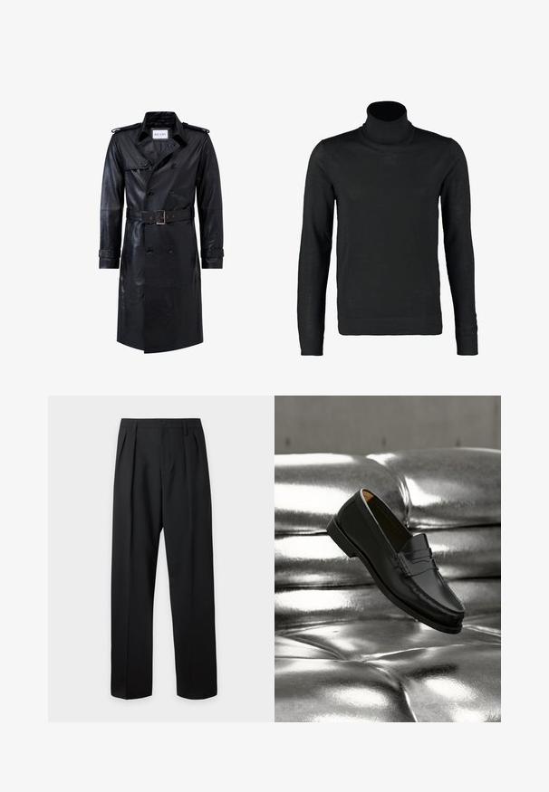 Sort læder dobbeltradet trench coat med bælte i taljen, skulderstropper, knapmanchetter og mærket "RICANO" indeni kraven.; Lindbergh ROLL NECK - Striktrøje - black; Sorte skræddersyede bukser med høj talje, bæltestropper, frontfolder, knaplukning og lige vide ben på en lys baggrund.; Sort læderloafer svæver over en skinnende sølvfarvet, polstret lædersofa i et minimalistisk miljø.