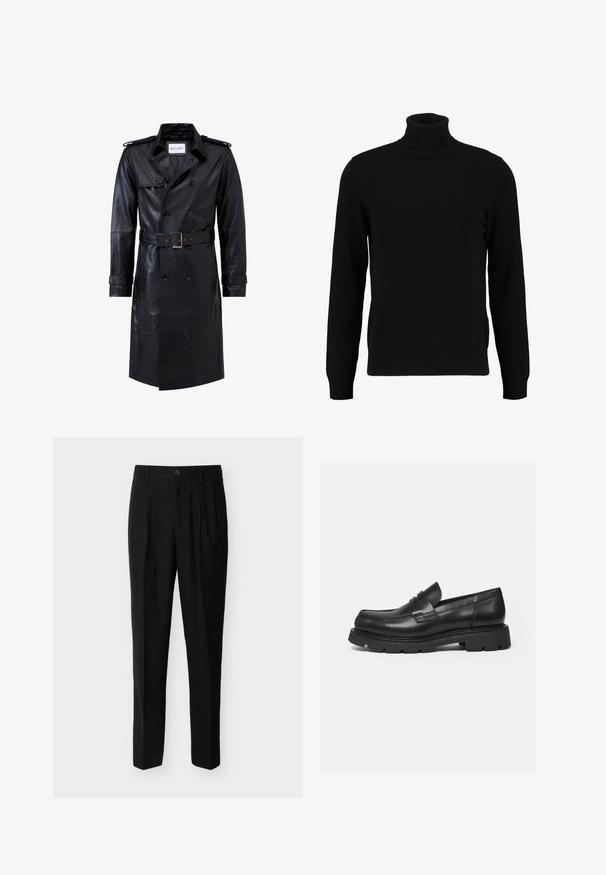 Zwart leren dubbelzijdige trenchcoat met een ceintuur in de taille, epauletten, knoopmanchetten en een label "RICANO" in de kraag.; Zwarte coltrui gemaakt van een zacht breimateriaal. Heeft lange mouwen, een geribbelde kraag en zoom. Eenvoudig, strak ontwerp zonder patronen.; Zwarte, op maat gemaakte, high-waist broek met riemlussen, plooien aan de voorkant, zijzakken en een knoop- en ritssluiting.; Zwarte leren loafer met dikke geribbelde zool en pennyriemdetail, getoond in rechter zijprofiel op witte achtergrond.