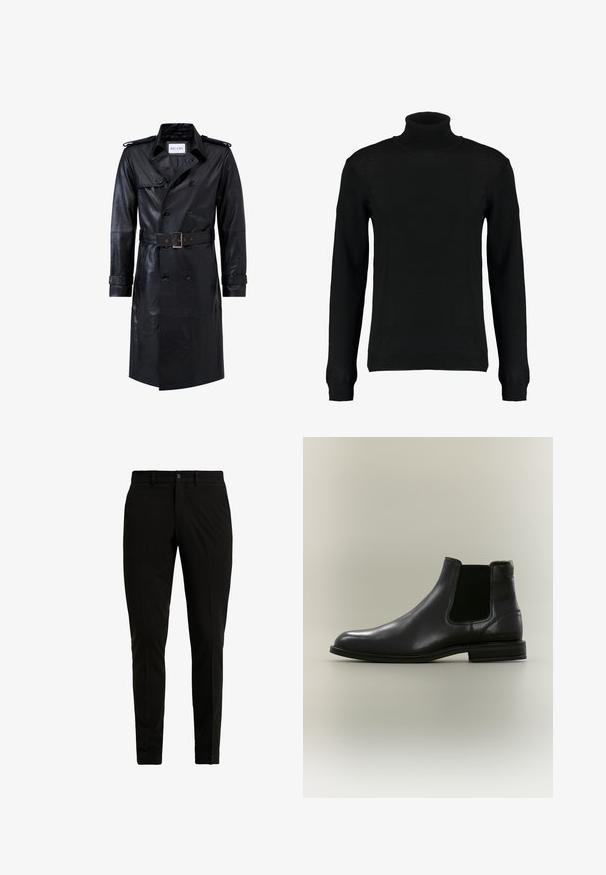 Zwart leren dubbelzijdige trenchcoat met een ceintuur in de taille, epauletten, knoopmanchetten en een label "RICANO" in de kraag.; Zwarte coltrui van een gladde gebreide stof, met lange mouwen en een getailleerde pasvorm. Geribbelde boorden en zoom.; Zwarte op maat gemaakte broeken van gladde stof, met een vlakke voorkant, twee zijzakken en een enkele knoopsluiting.; Zwarte leren Chelsea-laars met elastisch zijpaneel en lage hak, getoond vanaf de buitenkant op een neutrale achtergrond.
