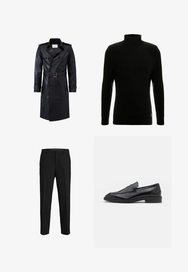 Sort læder dobbeltradet trench coat med bælte i taljen, skulderstropper, knapmanchetter og mærket "RICANO" indeni kraven.; Sort turtleneck sweater med lange ærmer, ribbet tekstur, tætsiddende silhuet og lille mærke nederst til venstre.; Sorte bukser lavet af glat stof, med lige snit, bæltestropper og et fladt frontdesign uden synlige mønstre eller pyntegenstande.; Sorte læder loafers med en glat overflade, der har en rund tå og en smal bånd over det øverste. Lav stablet hæl.