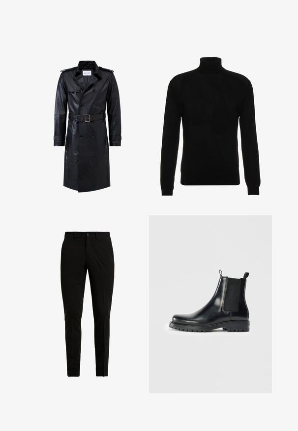 Sort læder dobbeltradet trench coat med bælte i taljen, skulderstropper, knapmanchetter og mærket "RICANO" indeni kraven.; Armani Exchange Striktrøje - black; Sorte skræddersyede bukser lavet af glat stof, med flad front, to sidelommer og en enkelt knaplukning.; Sorte læder Chelsea støvler med elastiske sidepaneler, en løkke for nem påtagning, og en robust gummisål med struktureret greb.