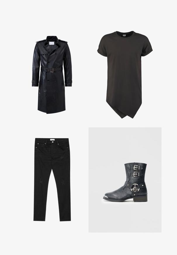 Sort læder dobbeltradet trench coat med bælte i taljen, skulderstropper, knapmanchetter og mærket "RICANO" indeni kraven.; Sort kortærmet T-shirt lavet af glat stof, med en buet kant og en afslappet pasform med oprullede ærmer.; Sorte slim-fit jeans med subtile slidte pletter, metalknap, forlommer og et Pier One-mærke i taljen.; Sort læderankelstøvle med rundet tå, to remme med spænder, sølvfarvede metaldetaljer og lavt stablet hæl. Tekstureret finish.