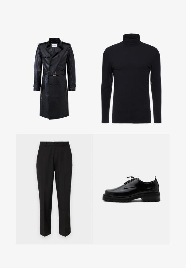 Zwart leren dubbelzijdige trenchcoat met een ceintuur in de taille, epauletten, knoopmanchetten en een label "RICANO" in de kraag.; Zwarte lange mouw turtleneck shirt gemaakt van zachte, rekbare stof. Heeft een aansluitend ontwerp en een gladde textuur. Geen zichtbare patronen of accenten.; Zwarte broeken van soepele stof, met een rechte pijpconstructie, vo pockets, een enkele knoopsluiting en geen zichtbare patronen.; Zwarte gepolijste leren veterschoen met dikke rubberen zool en lage hak, zijmerktekst "SAMSOE" en een achterste aantreklus.
