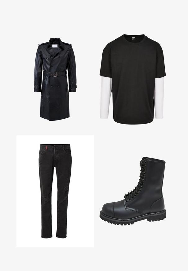 Zwart leren dubbelzijdige trenchcoat met een ceintuur in de taille, epauletten, knoopmanchetten en een label "RICANO" in de kraag.; Zwarte T-shirt met korte mouwen en een witte laag met lange mouwen eronder. Gemaakt van katoen met een ronde hals en een relaxte pasvorm.; Zwarte slim-fit jeans met versleten plekken op de voorste dijen en knieën, met voorzakken en riemlussen.; Zwarte leren gevechtslaars met een hoge schacht, vetersluiting aan de voorkant, gewatteerde kraag en een stevige, gestructureerde zool voor grip. Bevat een versterkte neus.