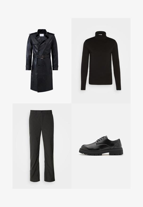 Sort læder dobbeltradet trench coat med bælte i taljen, skulderstropper, knapmanchetter og mærket "RICANO" indeni kraven.; Sort turtleneck langærmet skjorte lavet af et glat stof med en tætsiddende design og en høj, tætsiddende krave. Ingen mønstre eller accenter synlige.; Sorte skræddersyede bukser med lige snit. Har en glat tekstur, frontlukning med knap og bæltestropper.; Sorte lædersko med rund tå, snørelukning og en tykk, struktureret gummisål. Har syninger langs kanten og en glat overflade.