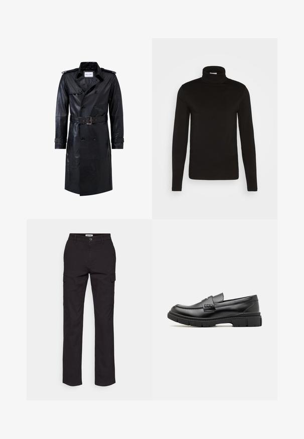 Sort læder dobbeltradet trench coat med bælte i taljen, skulderstropper, knapmanchetter og mærket "RICANO" indeni kraven.; Sort turtleneck langærmet skjorte lavet af et glat stof med en tætsiddende design og en høj, tætsiddende krave. Ingen mønstre eller accenter synlige.; Sorte cargo-bukser med lige ben-design, der har sidelommer, en knaplukning og et robust bomuldsblandingsmateriale.; Sort læder loafersko med en bred rem over forfoden, gummisål med tykke mønstre og glat overflade. Klassisk, slankt design.