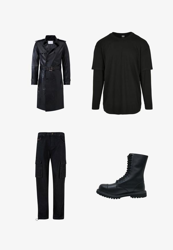 Sort læder dobbeltradet trench coat med bælte i taljen, skulderstropper, knapmanchetter og mærket "RICANO" indeni kraven.; Urban Classics OVERSIZED SHAPED DOUBLE LAYER LS TEE - Langærmet T-shirt - black/black; Sorte cargo bukser lavet af denim, med flere sidelommer, en standard talje og en lige ben-design. Udsmykket med et mærketape.; Sort læder snørebåndsstøvle med rund tå, høj skaft, tyk gummisål og struktureret overflade. Har forstærket syning langs sømmene.