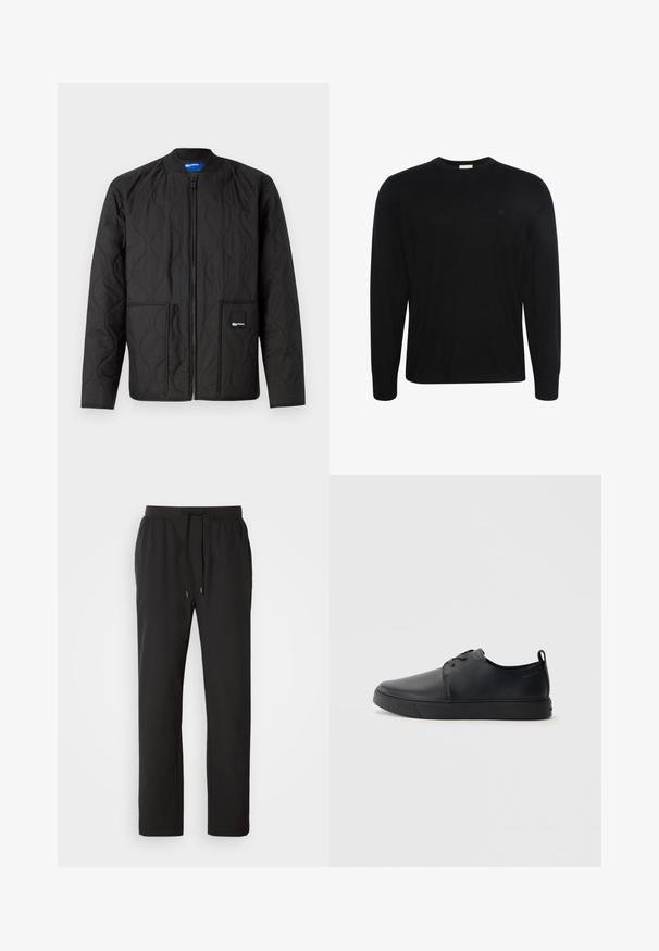 Schwarze gesteppte Jacke mit Reißverschluss, rundem Kragen, zwei Fronttaschen und einem kleinen Markenlabel an der unteren Tasche.; Schwarzer Pullover mit langen Ärmeln und Rundhalsausschnitt, aus dezent strukturiertem Stoff mit kleinem gesticktem Logo auf der linken Brust.; Schwarze Jogginghosen aus leichtem Stoff, mit einem elastischen Bund und verstellbaren Kordeln sowie Seitentaschen. Glatte Textur.; Schwarze Leder-Sneaker mit glatter Oberfläche, abgerundeter Zehenpartie, gleichfarbiger Nähte, schnürbarem Vorderteil und flacher Gummisohle. Schlaufe an der Ferse.