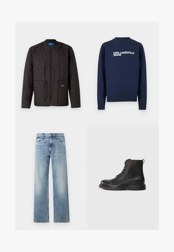 Sort quiltet jakke med lynlås, rund krave, to forlommer og et lille mærke på den nederste lomme.; Marineblå langærmet sweatshirt med ribbede manchetter og krave, med hvidt "KARL LAGERFELD JEANS" logo på brystet.; Lyseblå denim jeans med lige ben, højt talje, fem lommer, knaplukning og diskrete falmede områder på lår og knæ.; Sort ankelstøvle lavet af struktureret læder med rund tå, snørelukning og en robust sort gummisål. Har en løkke ved hælen.