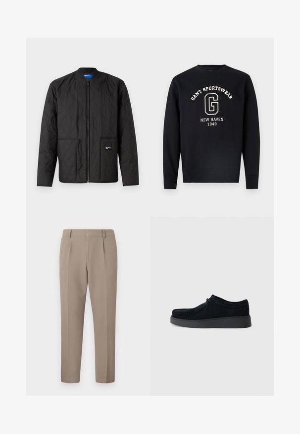 Sort quiltet jakke med lynlås, rund krave, to forlommer og et lille mærke på den nederste lomme.; Sort langærmet sweatshirt med hvid "GANT SPORTSWEAR," stor "G" og "NEW HAVEN 1949" tekst på forsiden.; Bukser i lysebrunt stof med en glat tekstur, der har en skræddersyet design, frontfoldninger og en slank pasform, der slutter ved anklerne.; Sorte ruskindsko med lav profil, rund tå, diskret syning og gummisål. Har snørebåndslukning og minimalistisk design.
