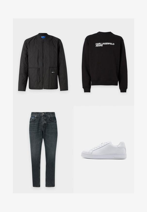 Zwarte gewatteerde jas met ritsluiting, ronde kraag, twee voorzakken en een klein merklabel op de onderste zak.; Zwarte sweater met een ronde hals en ribgebreide boorden. Met witte tekst "KARL LAGERFELD JEANS" aan de voorkant. Zacht materiaal.; Donkergrijze denim jeans met een rechte pasvorm, vijf zakken, knoopsluiting en subtiele vervaging. Gemaakt van katoen met een stevige textuur.; Witte leren sneaker met een soepele textuur, ronde neus, vetersluiting aan de voorkant en platte rubberen zool. Voorzien van reliëfbranding op de hak.